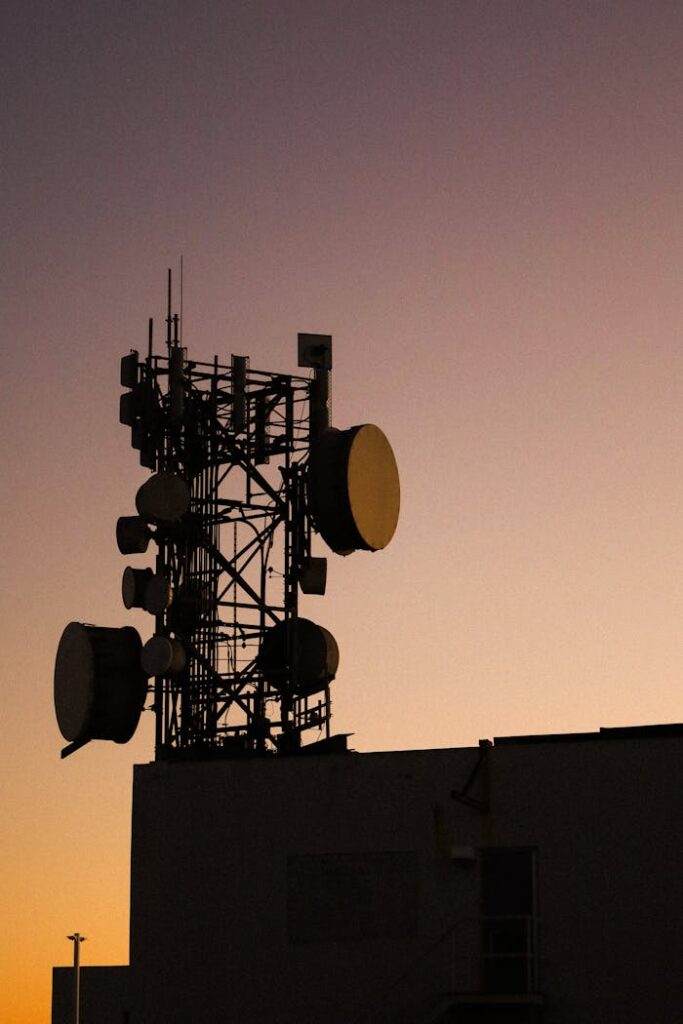 Silhouetted Telecommunications Tower at Sunset